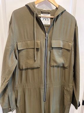 Zara Olive Utility Hooded Jumpsuit with Front Zip